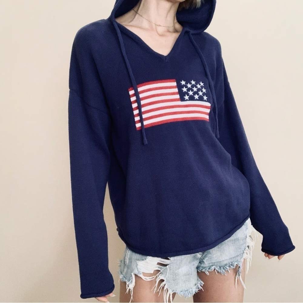 NWT! BRIT.NY Women's American Flag 1X Blue Pullover Sweater Hoodie Long Sleeve